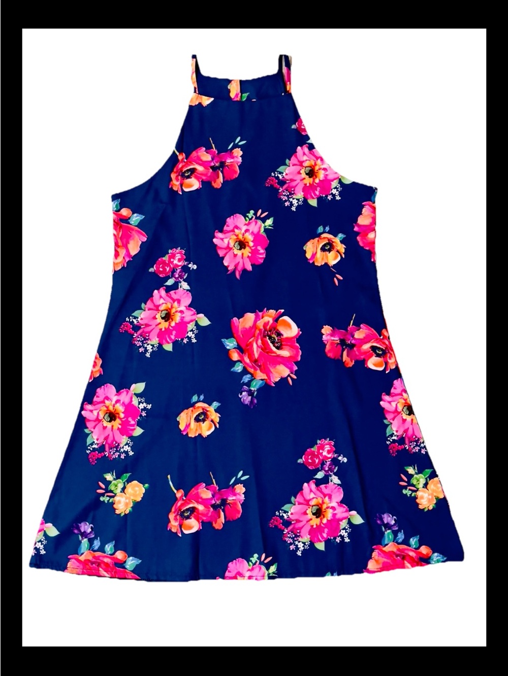 Everly Floral Print Halter Shift Dress Sz S Navy Blue Pink Summer Picnic Resort